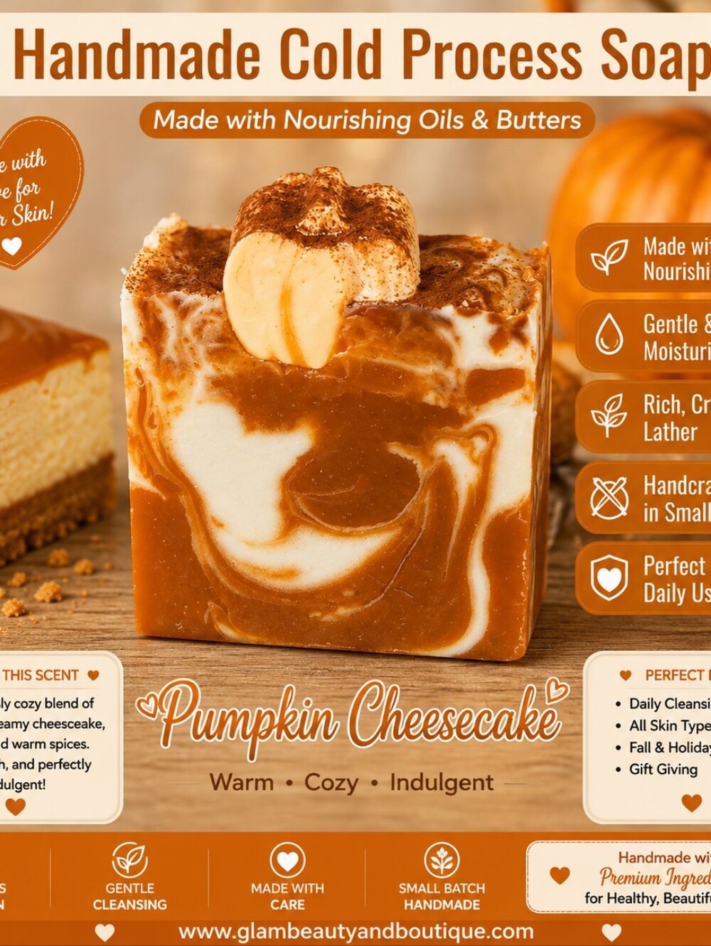 Pumpkin Cheesecake Organic Cold Process Swirl Soap. Fall Soap